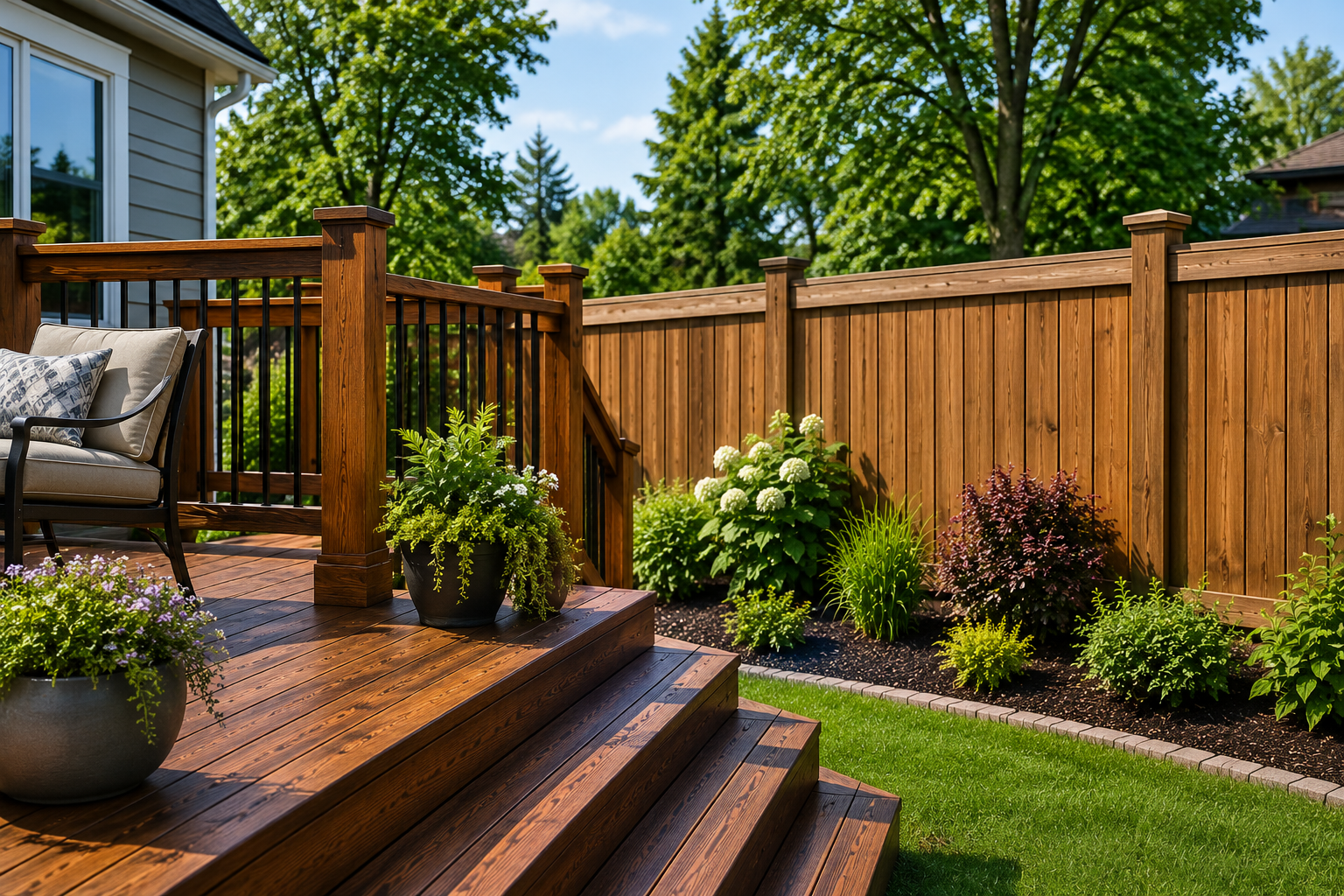 Freshly stained wood deck and fence in a sunny landscaped backyard