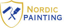 A logo for nordic painting with a shield and two paint rollers