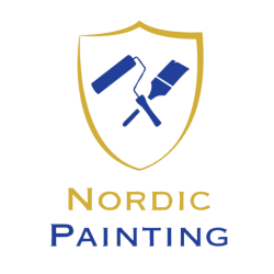 A logo for nordic painting with a shield and two paint rollers