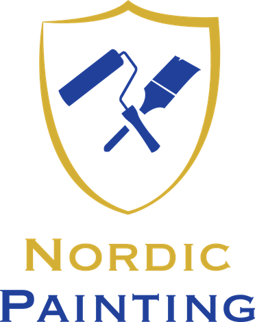 A logo for nordic painting with a shield and two paint rollers