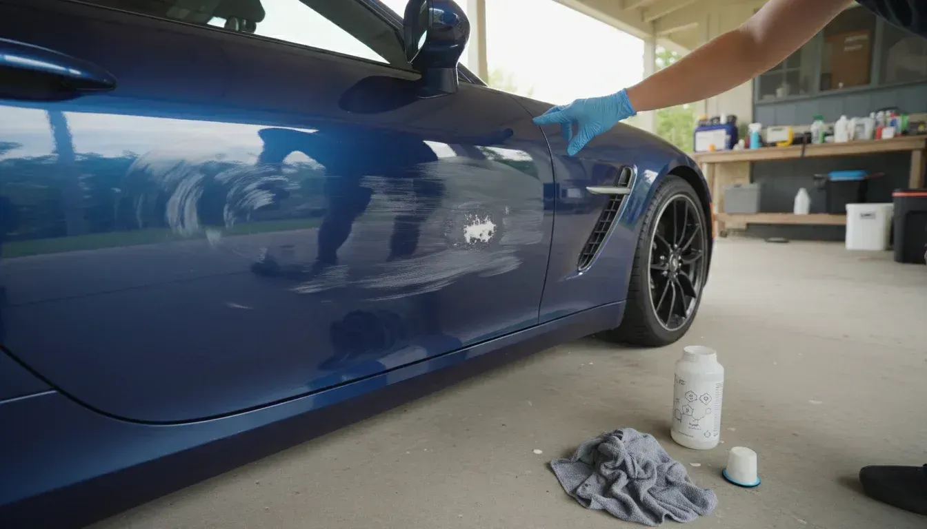 Person hand-washing a blue sports car in a garage, with cleaning supplies on the floor.