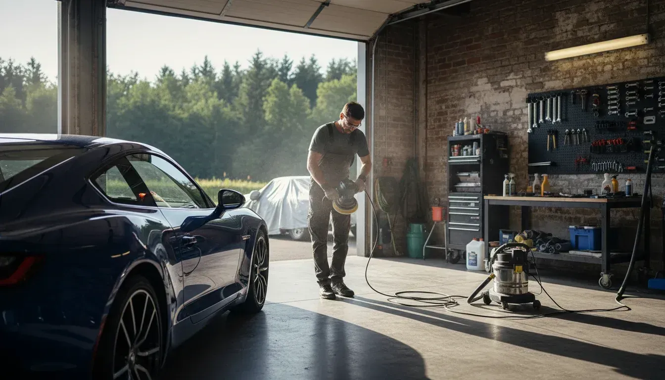 Person working on a car in a sunlit garage, with tools and equipment along the wall.