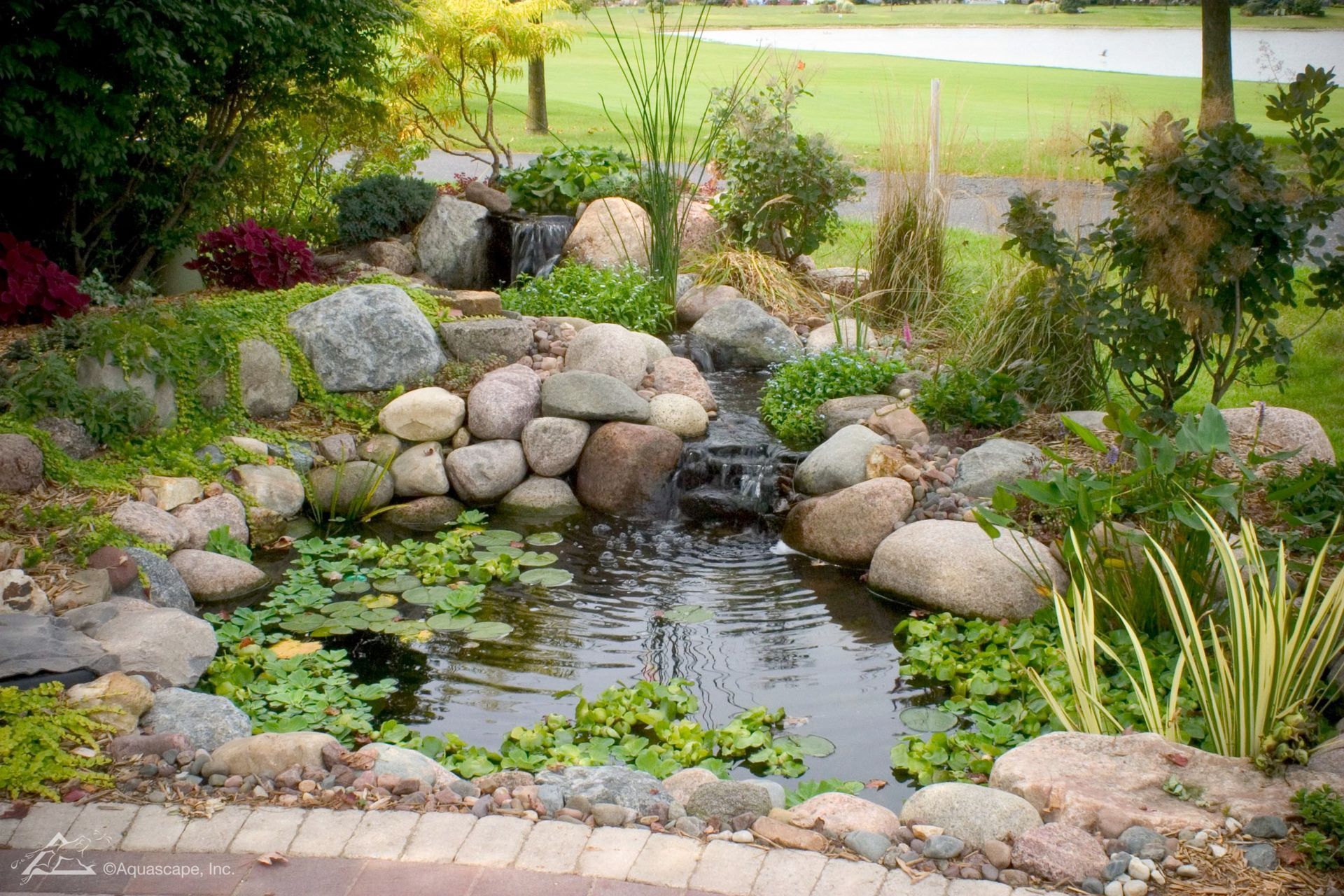 A small pond with a waterfall surrounded by rocks and lush greenery.