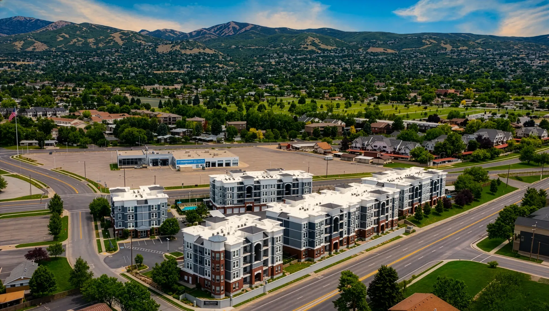 Aerial view of apartment buildings with mountains in the background at Hills at Renaissance, offering apartments in Bountiful, UT.
