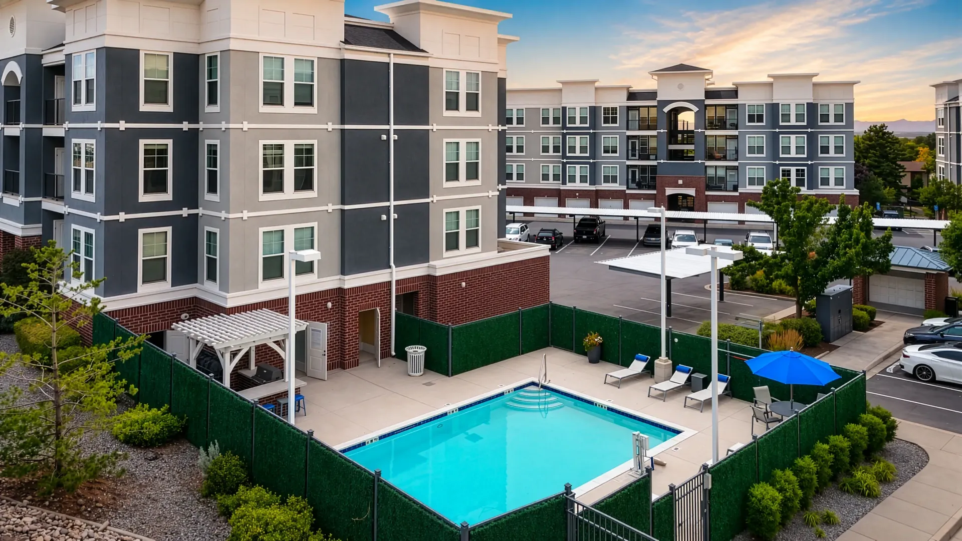 Apartment building exterior with a swimming pool and lounge chairs at Hills at Renaissance, offering apartments in Bountiful, UT.