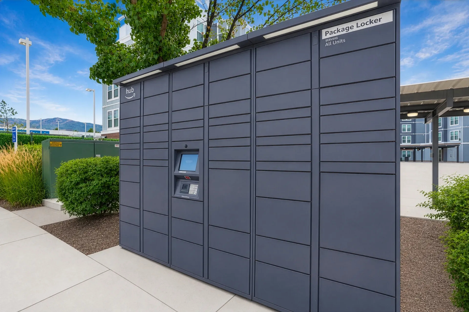 Package locker system serving all units at the apartment complex at Hills at Renaissance, offering pet-friendly apartments in Bountiful, UT.