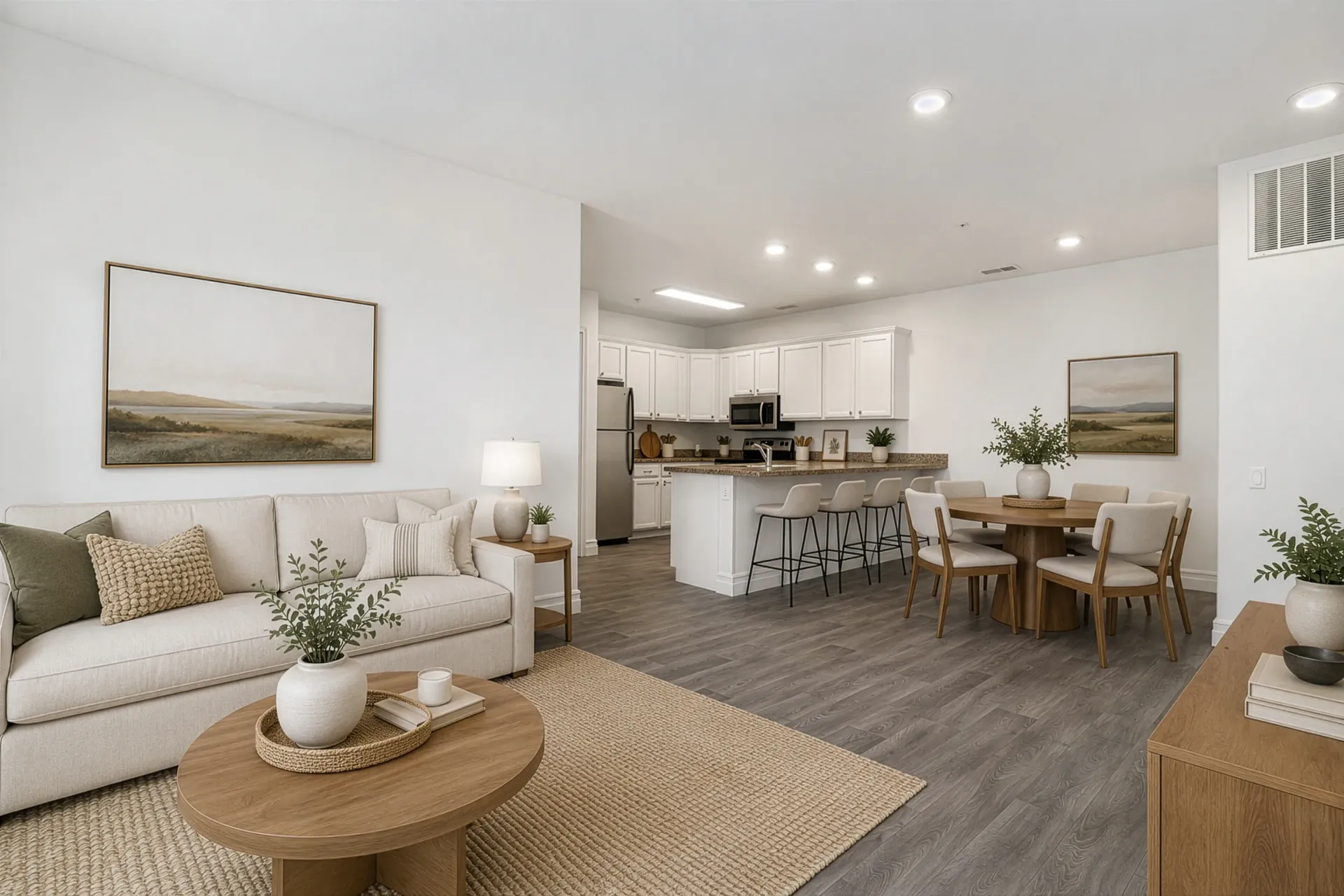 Living room with a sectional sofa and coffee table, adjacent to a dining area and kitchen at Hills at Renaissance, offering apartments for rent in Bountiful, UT.