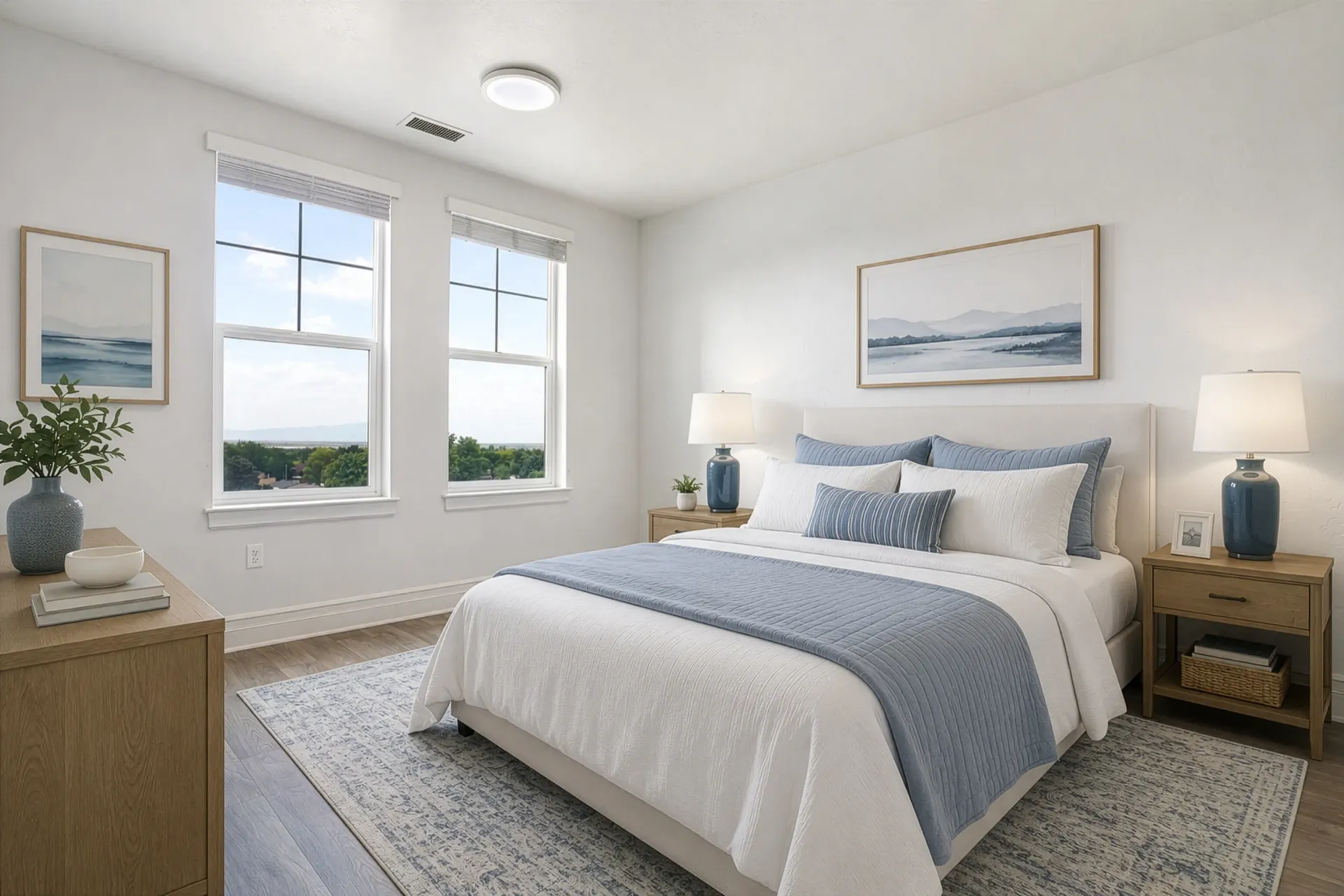 Well-appointed bedroom with a queen-size bed, blue and white linens, and two windows with a scenic view at Hills at Renaissance, offering apartments for rent in Bountiful, UT.
