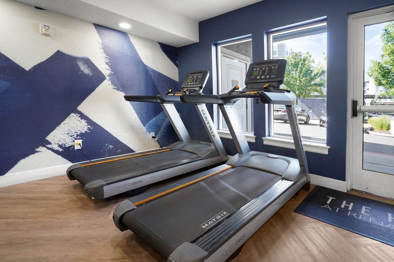 Hills at Renaissance community gym with blue mural wall and windows.