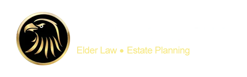 Elder Law + Estate Planning logo with a gold lion head on a black circle and pale yellow text on white background