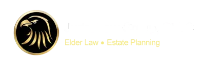 Elder Law + Estate Planning logo with a gold lion head on a black circle and pale yellow text on white background