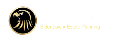 Elder Law + Estate Planning logo with a gold lion head on a black circle and pale yellow text on white background