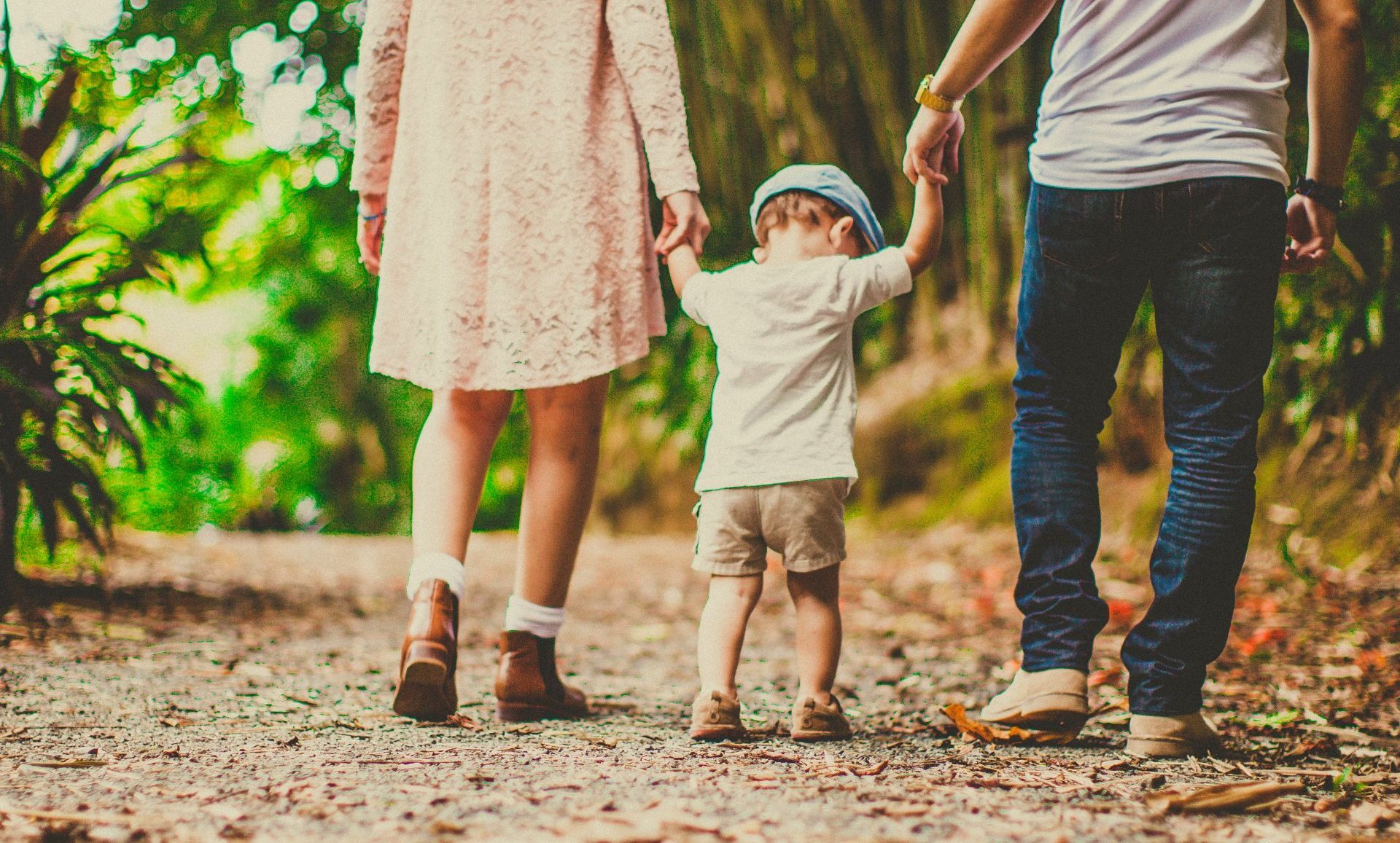 Family holding hands while walking on a leaf-covered path in a park