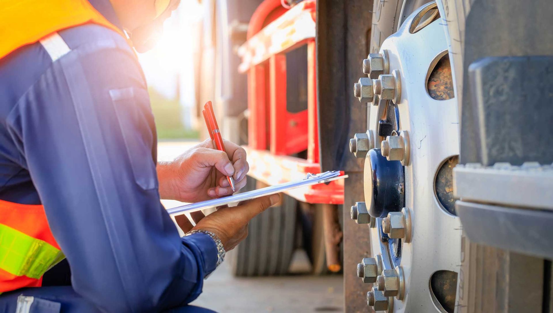 Person writing on a clipboard while inspecting a truck wheel and lug nuts during a vehicle check.
