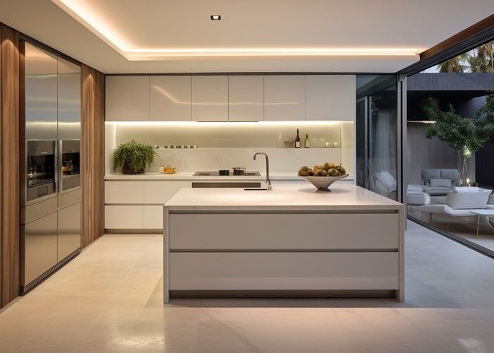 Modern kitchen with white cabinets, island, and large windows. Warm lighting and wood accents.