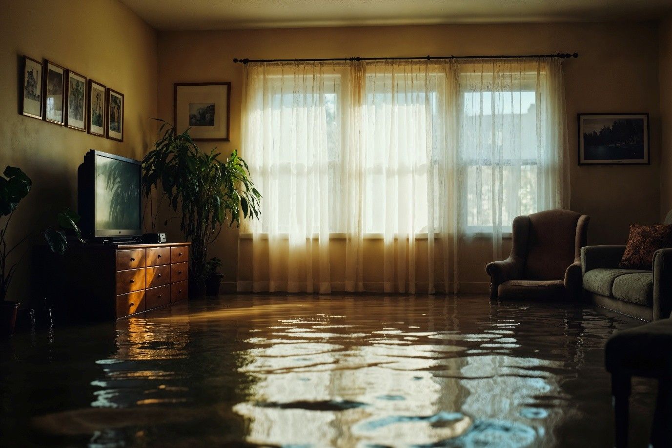 Living room flooded with water; sunlight through window; furniture floating.
