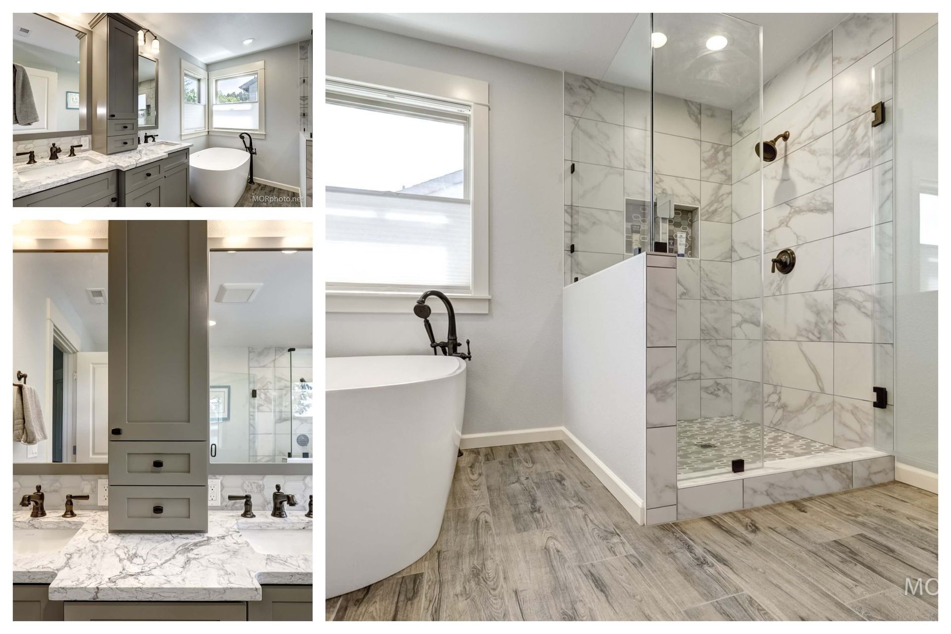 Bathroom with marble shower, freestanding tub, double sink, and wooden floor.