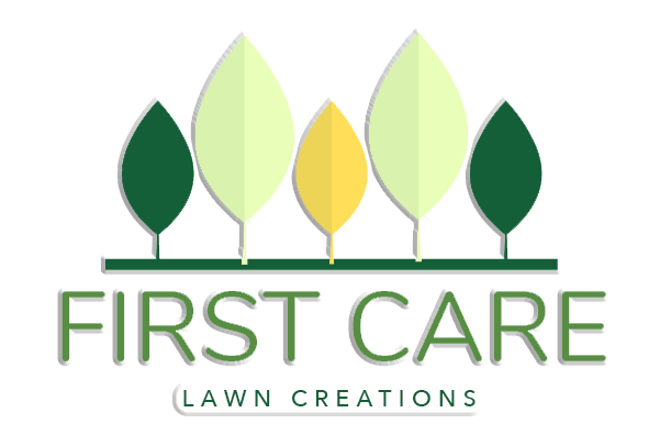 A logo for First Care Lawn Creations with trees and leaves