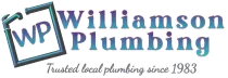 Williamson Plumbing logo with "WP" inside a blue pipe frame and the text "Trusted local plumbing since 1983."