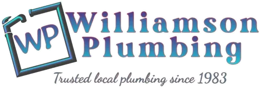 Williamson Plumbing logo with "WP" inside a blue pipe frame and the text "Trusted local plumbing since 1983."