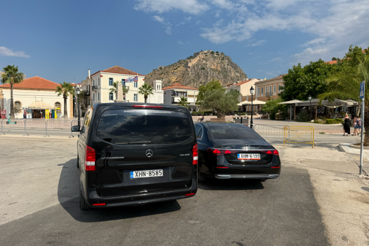 Athenaos Travel & Tours premium Mercedes E-Class and Minivan at Nafplio ready for transfer and tour service.