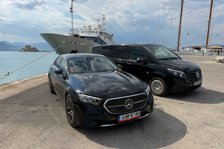Athenaos Travel & Tours premium Mercedes E-Class and Minivan at Nafplio ready for transfer and tour service.