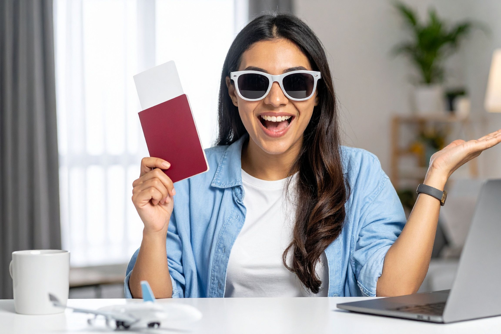 Eine lächelnde Frau hält ihren Reisepass und ihre Bordkarte in der Hand, während sie online Flugtickets bei Athenaos bucht.