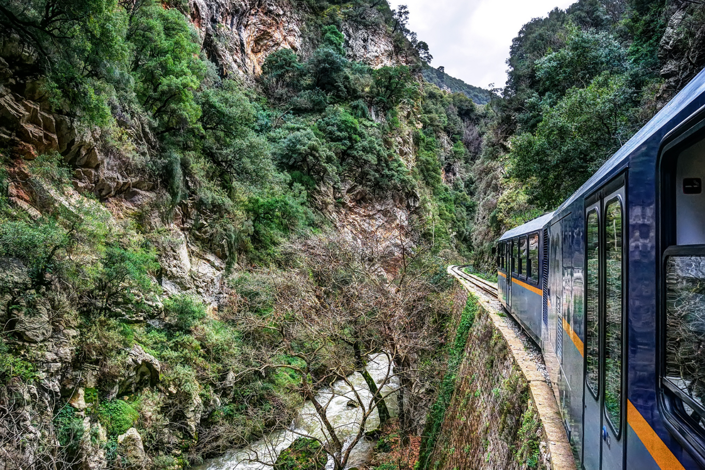 Train ride through the scenic Vouraikos Gorge in Peloponnese