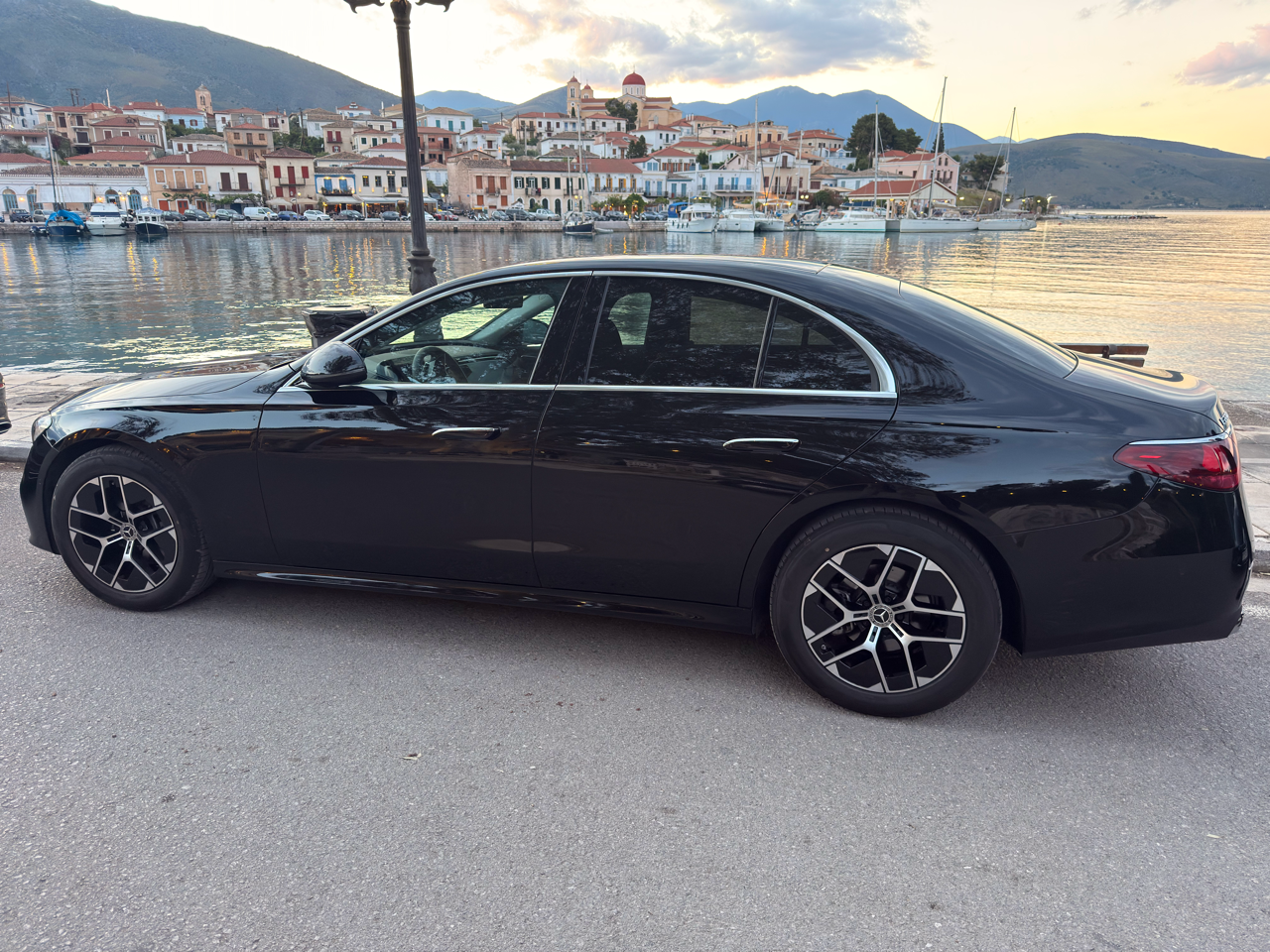 Athenaos Travel & Tours premium Mercedes E-Class at Galaxidi ready for transfer service.