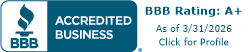 BBB Accredited Business logo with A+ rating as of 3/31/2026.