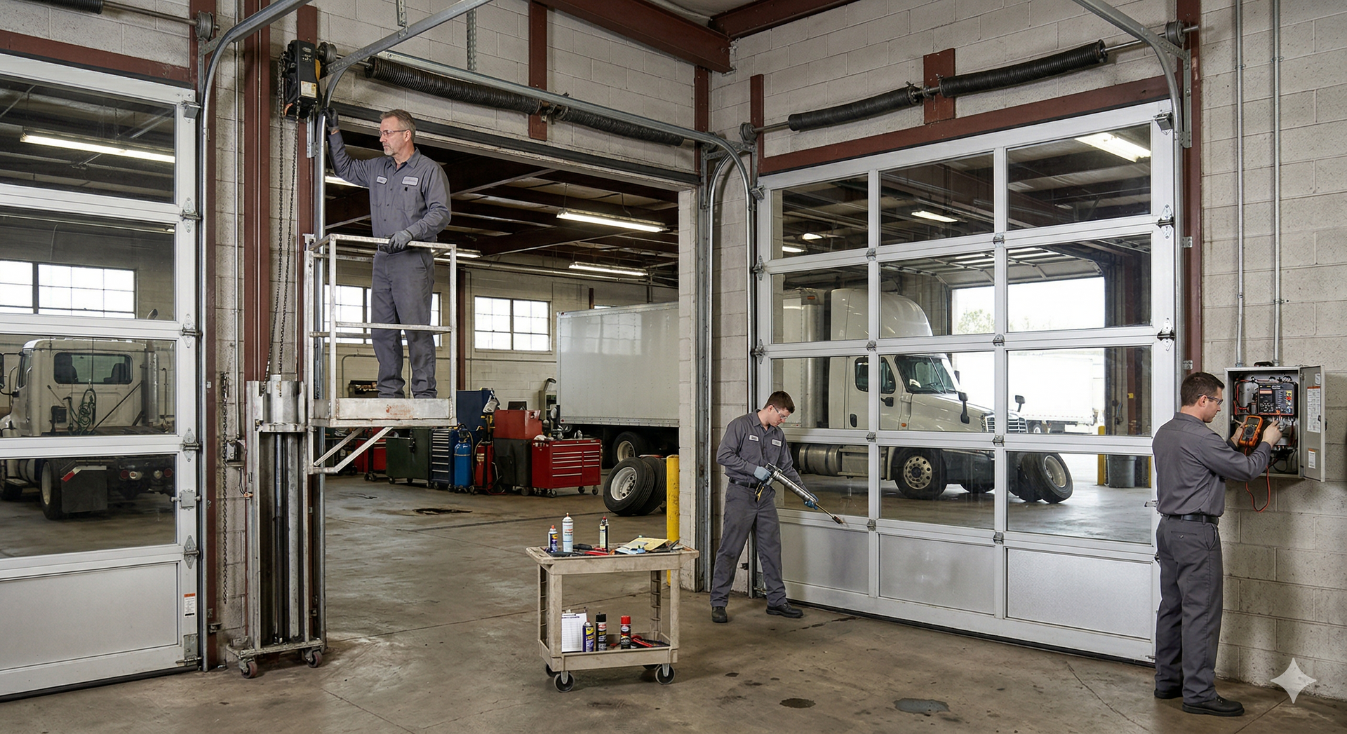 Three technicians in gray uniforms work on industrial garage doors in a vehicle maintenance facility.