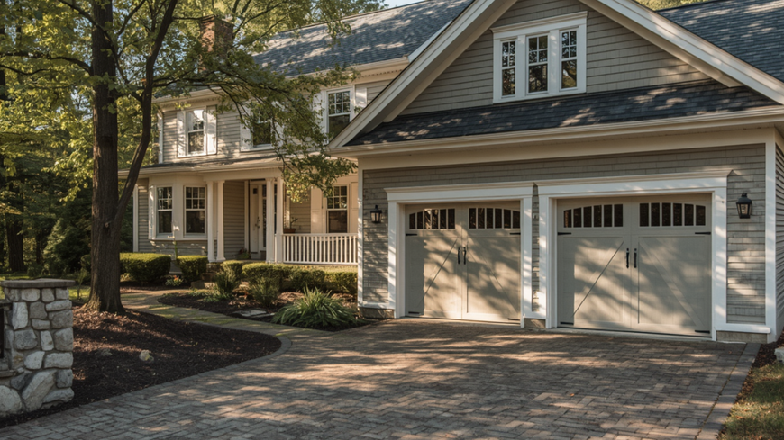 A two-story grey house with a paved driveway and two garage doors, surrounded by trees on a sunny day.