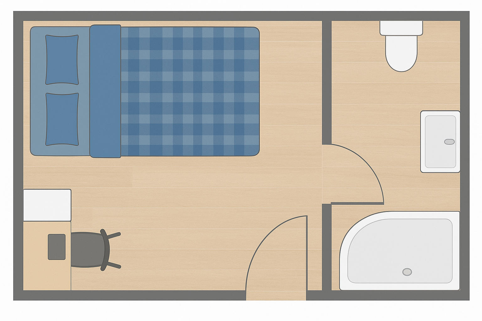 Floor plan of a hotel room with a bed, desk, bathroom with a toilet, sink, and tub.