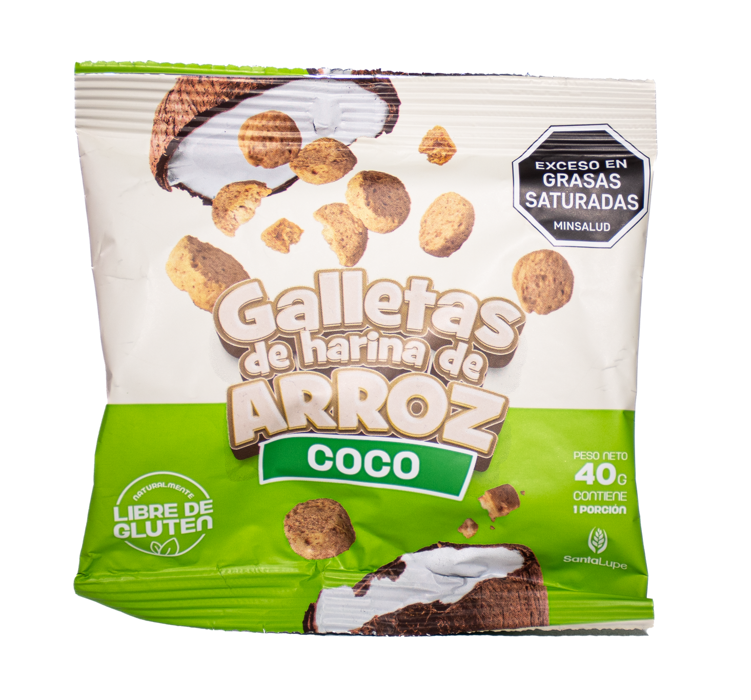 Bolsa de galletas de harina de arroz y coco; empaque verde y blanco. Etiquetas 