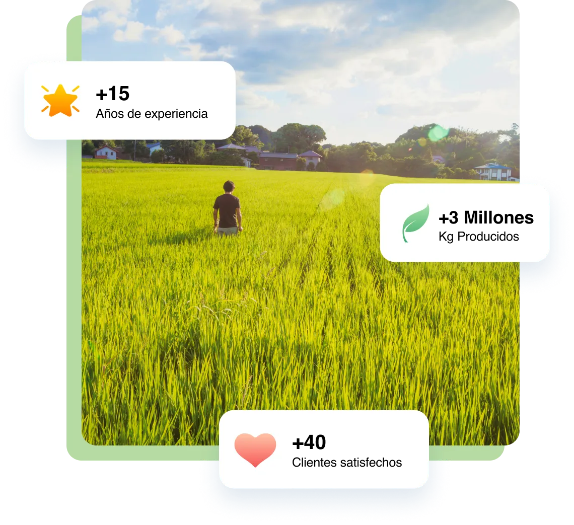 Persona en campo, con puntos de datos: +15 años de experiencia, +3M kg producidos, +40 clientes satisfechos.
