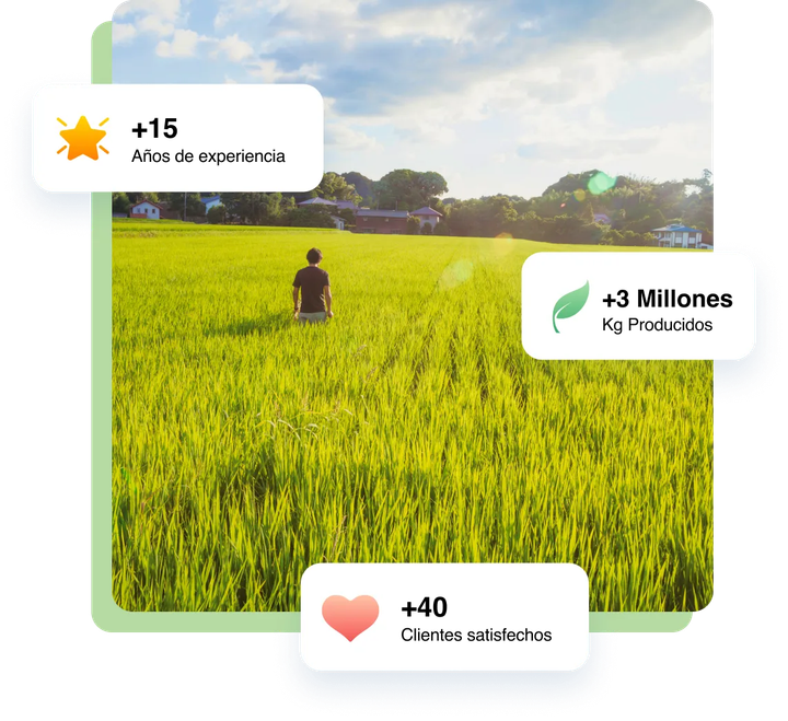 Persona en campo, con puntos de datos: +15 años de experiencia, +3M kg producidos, +40 clientes satisfechos.