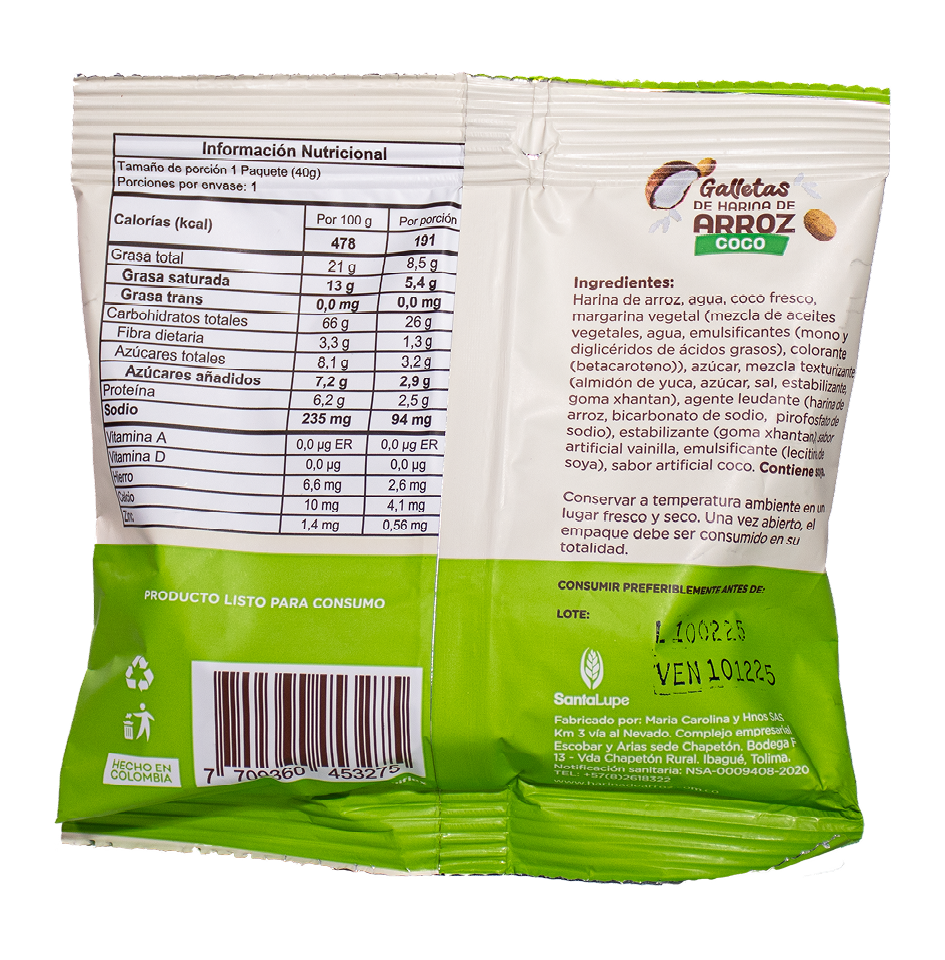 Parte posterior de una bolsa de galletas de arroz con información nutricional en español. Empaque verde y blanco.