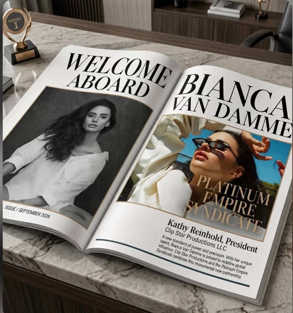 Open magazine on a table, featuring Bianca Van Damme on one page and “Welcome Aboard” on the other.