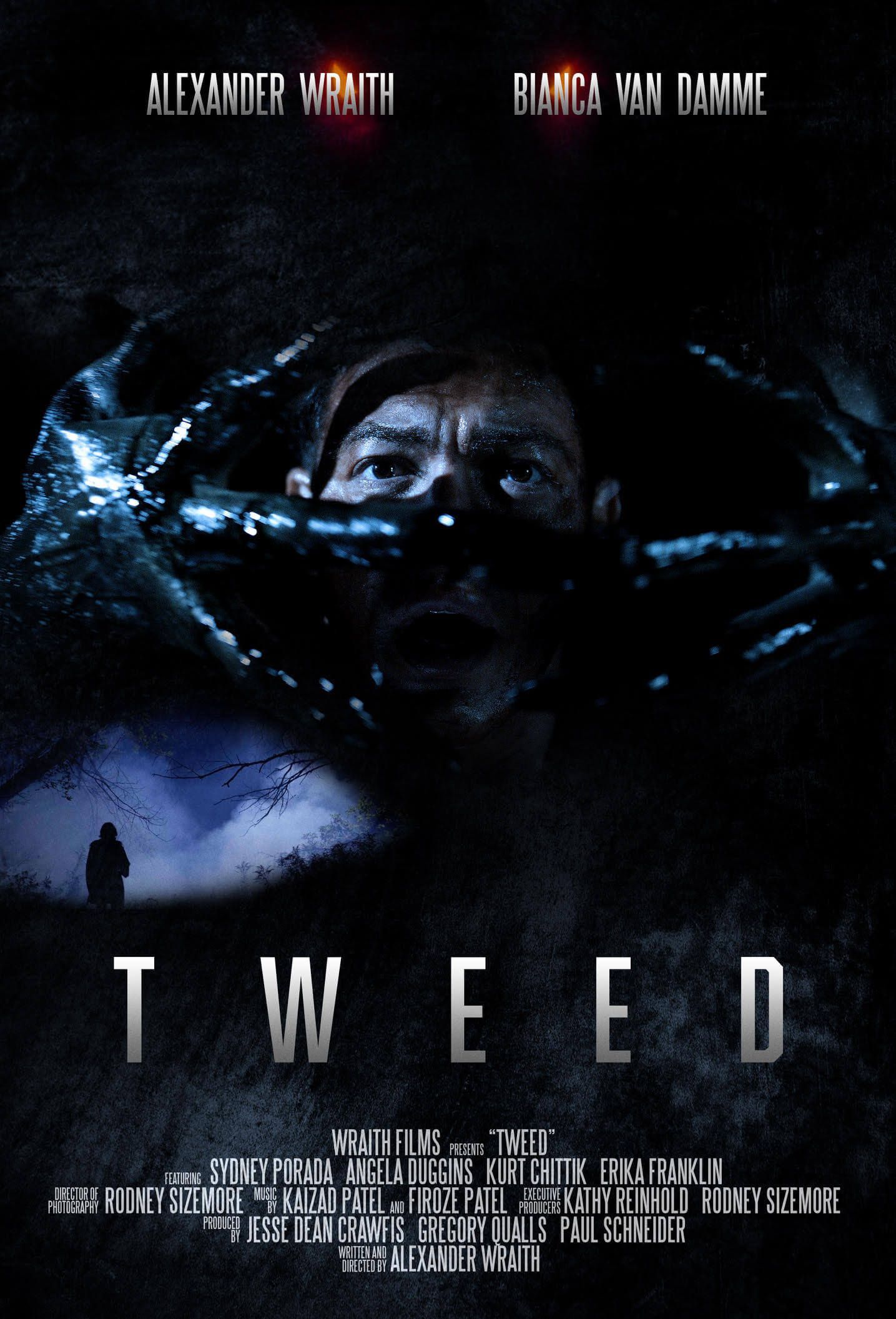 A movie poster for tweed shows a man being eaten by a monster