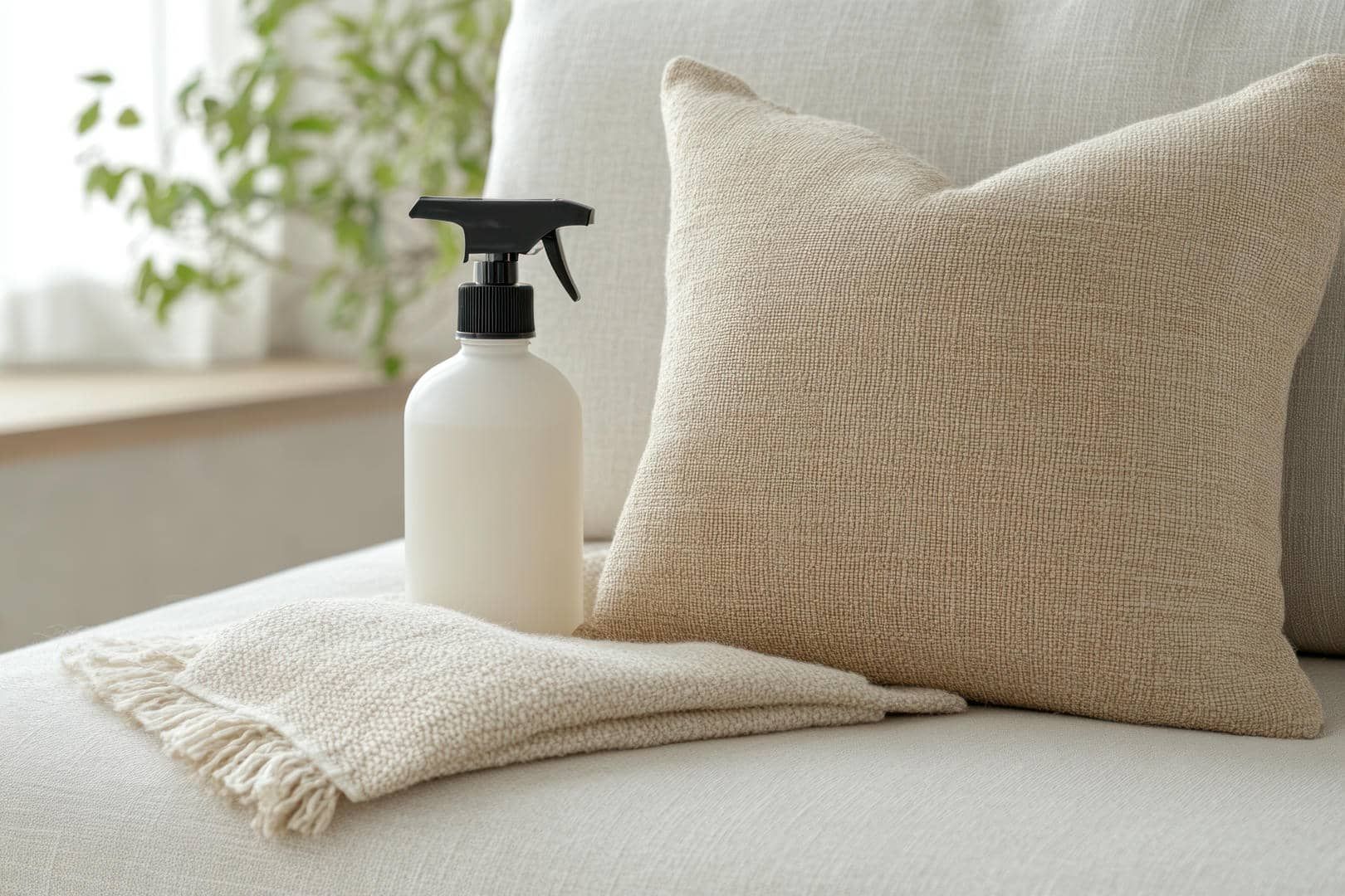 A couch with a pillow and a spray bottle on it.