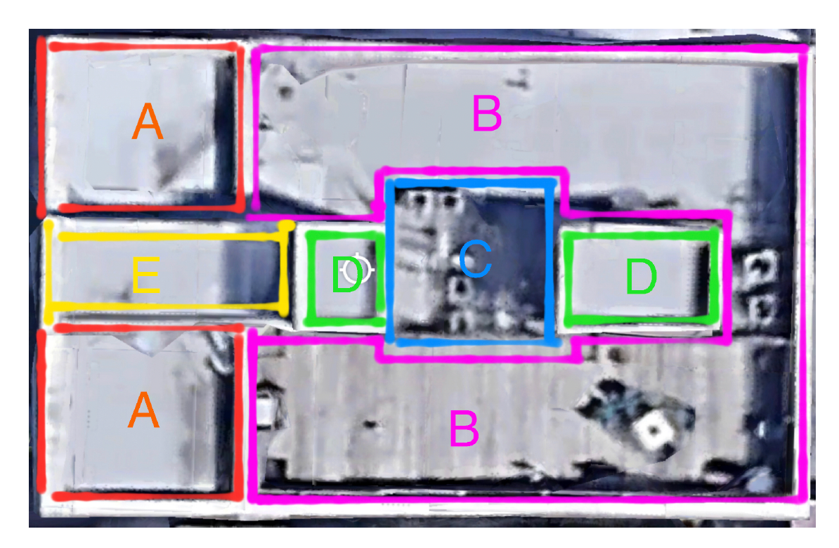 roof with multiple colored section to explain planned repairs per section