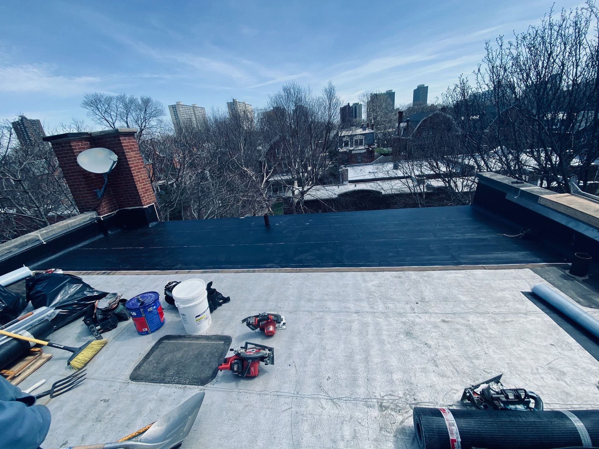 Roof membrane installed on rooftop floor