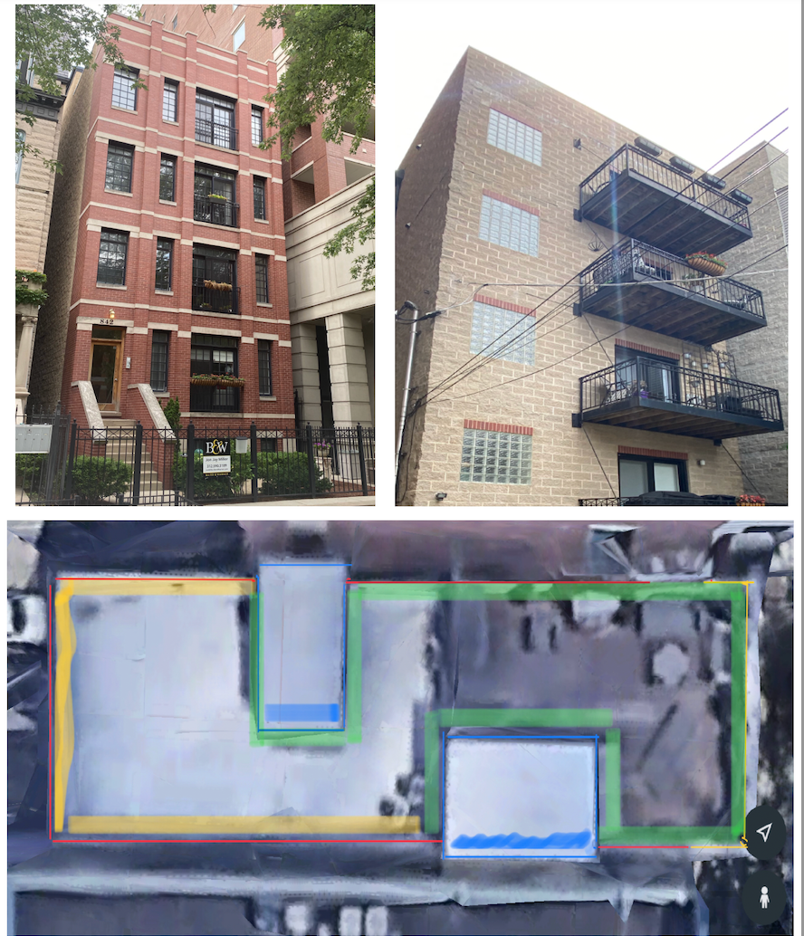 Brick building with rear balconies, overhead view marked with color coded repair boxes