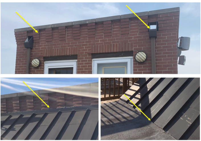 Stairwell building parapet with corbels and leaking junction of metal roof and modified bitumen roof