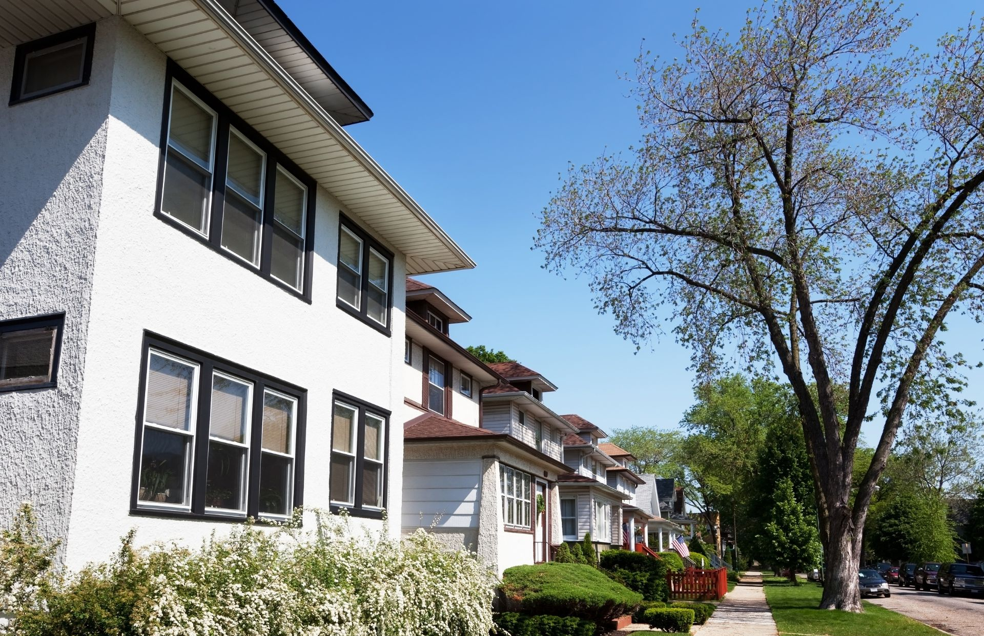 Row of white apartment buildings along a tree-lined sidewalk