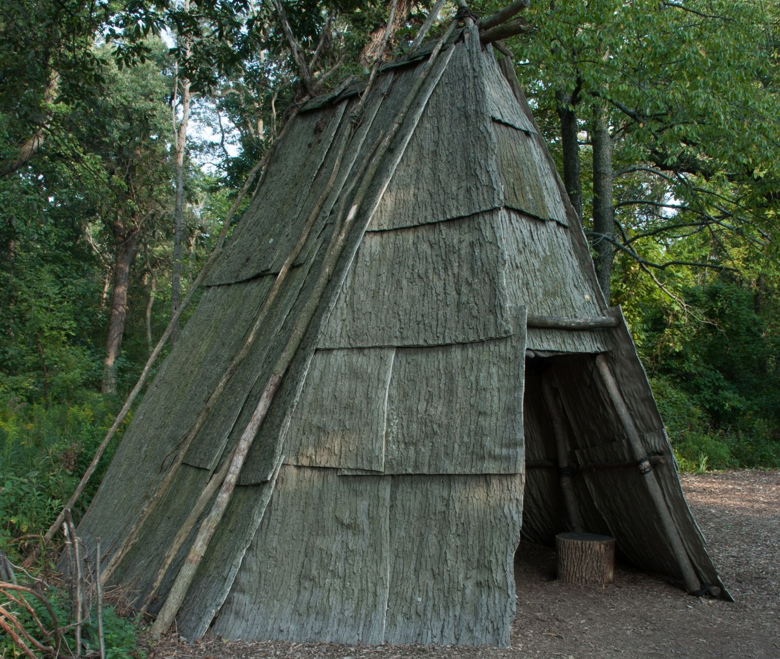 A thatched A-frame hut in a wooded clearing, with an open entrance and stone base