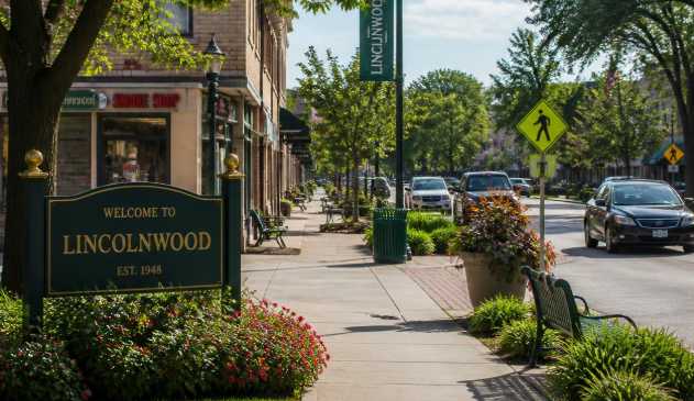 Welcome Lincolnwood sign on a sidewalk with flowers, trees, and parked cars
