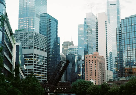 Downtown skyline with tall glass skyscrapers