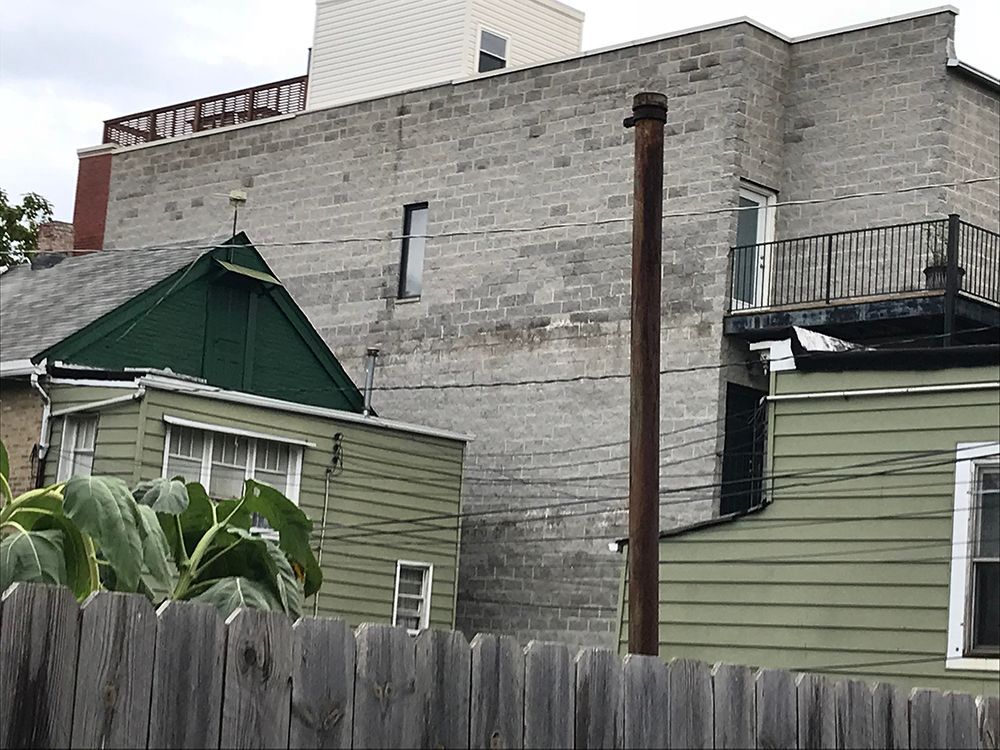 Wet split face block building in Ukranian Village, Chicago IL