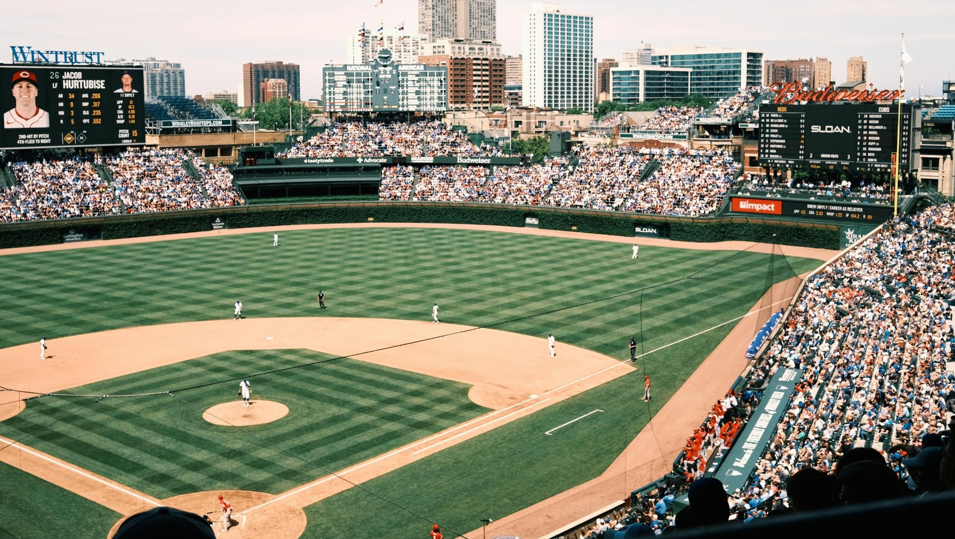 Baseball stadium(Wrigley Basefield) packed with fans